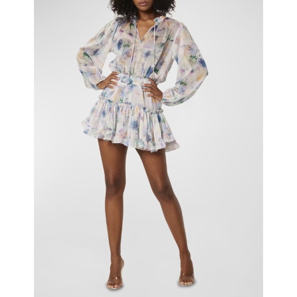MISA Los Angeles Lorena Watercolor Floral Tiered Mini Dress L Boho EUC
